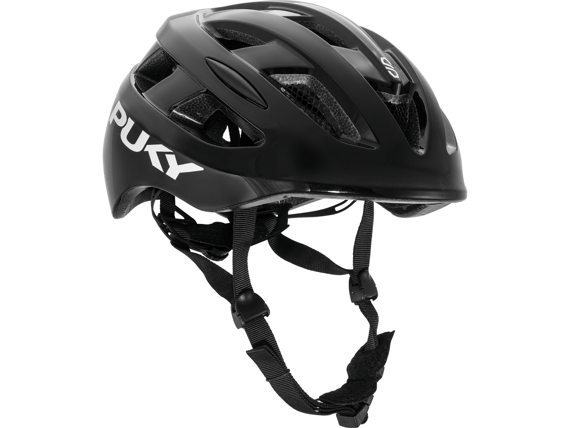 PUKY HELMET M är en svart cykelhjälm med flera ventilationshål, justerbara remmar och "PUKY" tryckt i vitt på sidan.