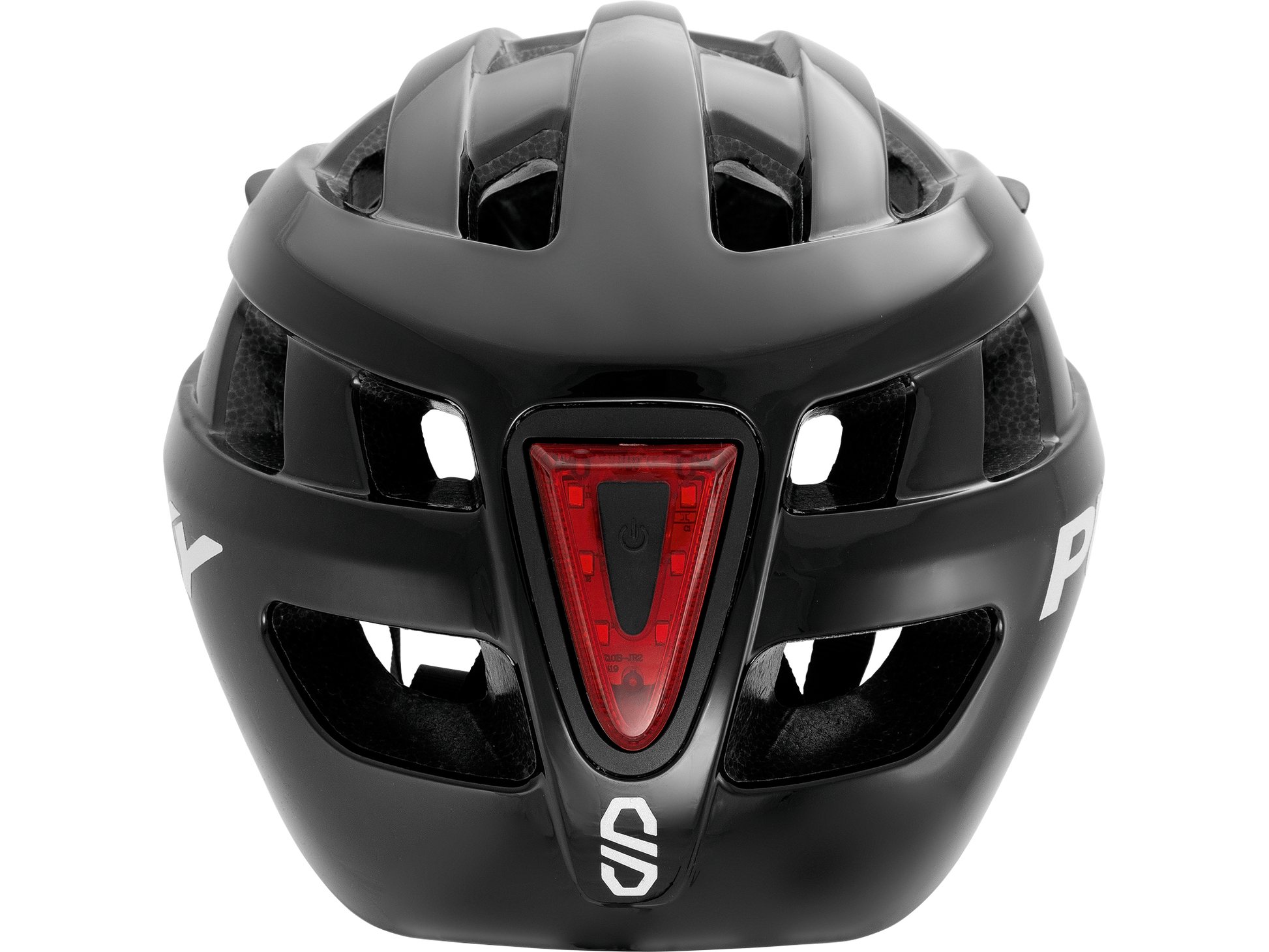 Frontvy av en PUKY HELMET S by PUKY i svart, med inbyggd röd LED-baklampa, ventilationshål och vit text med logotyp på sidorna.
