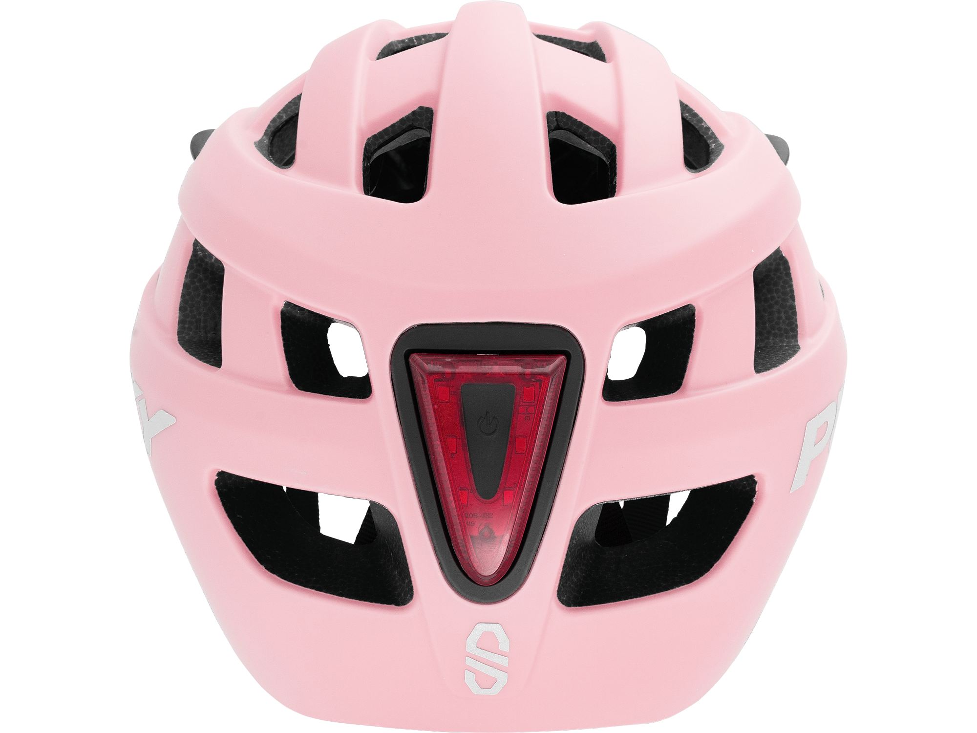 PUKY HELMET S från PUKY är en rosa hjälm sedd bakifrån, med flera ventilationshål och ett inbyggt rött bakljus i mitten.