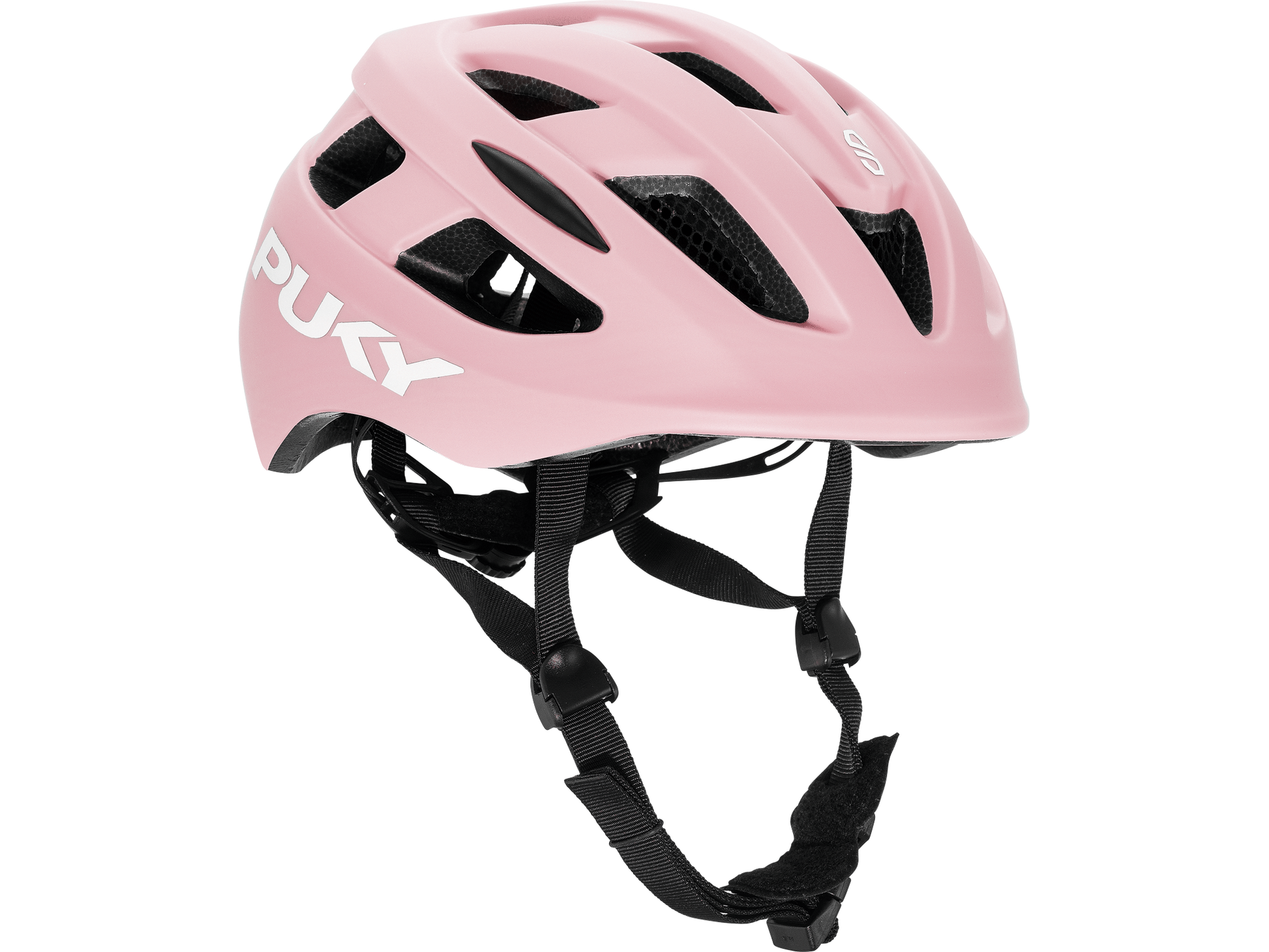 PUKY HELMET M är en rosa cykelhjälm från PUKY, med svarta ventilationshål, svarta justerbara remmar och en vit "PUKY"-logotyp på sidan.