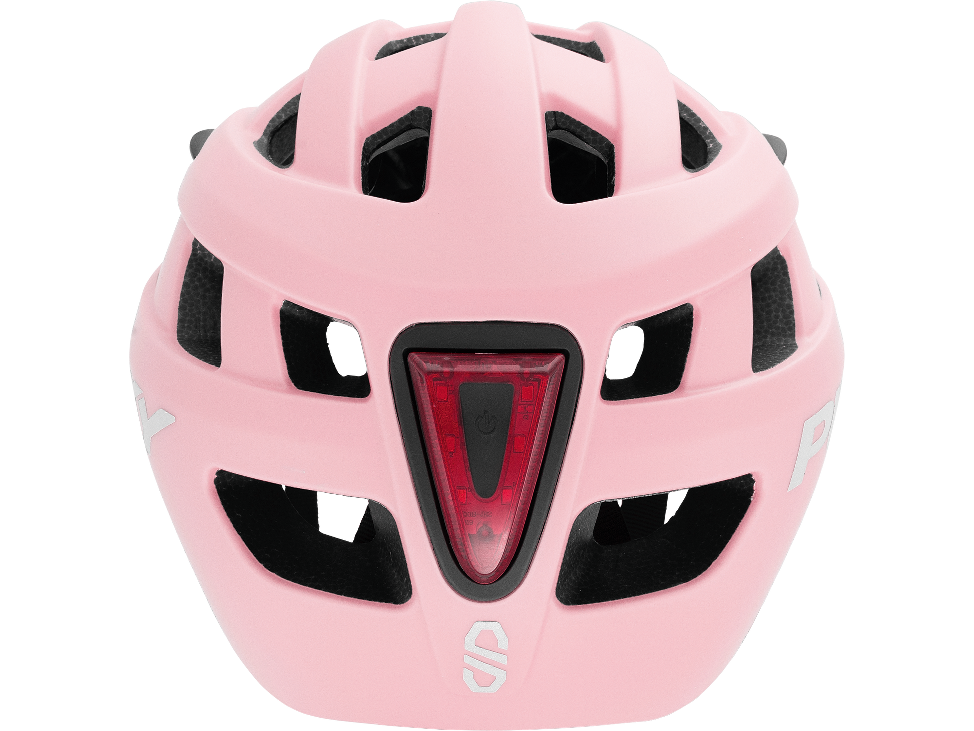 PUKY HELMET M från PUKY är en rosa cykelhjälm som visas bakifrån, med flera ventilationsöppningar och ett rött triangulärt bakljus i mitten.