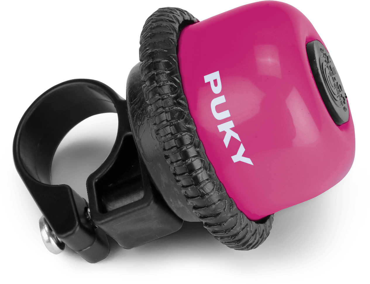 PUKY G 18 är en rosa cykelklocka med "PUKY" i vita bokstäver, en svart strukturerad kant och ett svart monteringsfäste för styret.