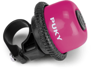 PUKY G 18 är en rosa cykelklocka med "PUKY" i vita bokstäver, en svart strukturerad kant och ett svart monteringsfäste för styret.